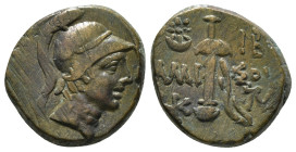 PONTOS. Amisos. Ae (Circa 111-105 or 95-90 BC). Struck under Mithradates VI Eupator.
Obv: Helmeted head of Ares right.
Rev: AMI - ΣOV.
Sword in sheath...