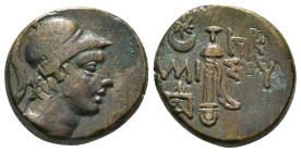 PONTOS. Amisos. Ae (Circa 111-105 or 95-90 BC). Struck under Mithradates VI Eupator.
Obv: Helmeted head of Ares right.
Rev: AMI - ΣOV.
Sword in sheath...
