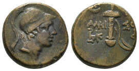 PONTOS. Amisos. Ae (Circa 111-105 or 95-90 BC). Struck under Mithradates VI Eupator.
Obv: Helmeted head of Ares right.
Rev: AMI - ΣOV.
Sword in sheath...