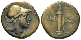 PONTOS. Amisos. Ae (Circa 111-105 or 95-90 BC). Struck under Mithradates VI Eupator.
Obv: Helmeted head of Ares right.
Rev: AMI - ΣOV.
Sword in sheath...