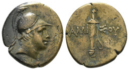 PONTOS. Amisos. Ae (Circa 111-105 or 95-90 BC). Struck under Mithradates VI Eupator.
Obv: Helmeted head of Ares right.
Rev: AMI - ΣOV.
Sword in sheath...