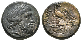 PONTOS. Amisos. Ae (Circa 100-85 BC).
Obv: Laureate head of Zeus right.
Rev: AMIΣOV.
Eagle, with head right, standing left on thunderbolt; monogram to...
