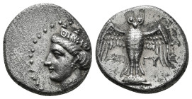 PONTOS. Amisos. Drachm (Circa 4th century BC).
Obv: Head of Hera left, wearing mural crown.
Rev:
Owl, with wings spread, standing facing on shield. 5,...
