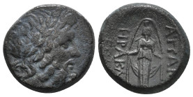 PHRYGIA. Apameia. Ae (Circa 100-50 BC).
Obv: Head of Zeus right, wearing oak wreath.
Rev: AΠΑΜΕΩN.
Facing statue of Artemis Anaitis, with supports 9,0...