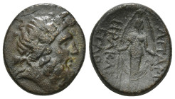 PHRYGIA. Apameia. Ae (Circa 100-50 BC).
Obv: Head of Zeus right, wearing oak wreath.
Rev: AΠΑΜΕΩN.
Facing statue of Artemis Anaitis, with supports 7,4...