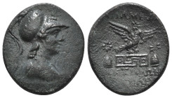 PHRYGIA. Apameia. Ae (Circa 88-40 BC).
Obv: Helmeted bust of Athena right, wearing aegis.
Rev: AΠAMEΩN.
Eagle landing right on maeander pattern; star ...