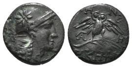 MYSIA. Pergamon. Ae (Circa 200-133 BC).
Obv: Head of Athena right, wearing helmet decorated with star.
Rev: AΘHNAΣ / NIKHΦOPOY.
Owl standing facing on...