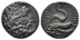 MYSIA. Pergamon. Ae (Mid-late 2nd century BC).
Obv: Laureate head of Asklepios right.
Rev: ΑΣΚΛΕΠΙΟΥ / ΣΩΤΗΡΟΣ.
Serpent coiled right around omphalos 8...