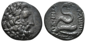 MYSIA. Pergamon. Ae (Mid-late 2nd century BC).
Obv: Laureate head of Asklepios right.
Rev: ΑΣΚΛΕΠΙΟΥ / ΣΩΤΗΡΟΣ.
Serpent coiled right around omphalos 8...