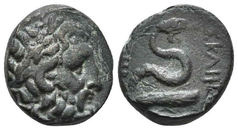 MYSIA. Pergamon. Ae (Mid-late 2nd century BC).
Obv: Laureate head of Asklepios r...