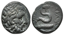 MYSIA. Pergamon. Ae (Mid-late 2nd century BC).
Obv: Laureate head of Asklepios right.
Rev: ΑΣΚΛΕΠΙΟΥ / ΣΩΤΗΡΟΣ.
Serpent coiled right around omphalos 8...