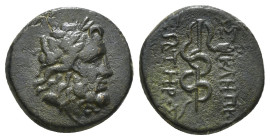 MYSIA. Pergamon. Ae (Mid-late 2nd century BC).
Obv: Laureate head of Asklepios right.
Rev: AΣKΛHΠIOY / ΣΩTHPOΣ.
Serpent-entwined staff 3,69 g