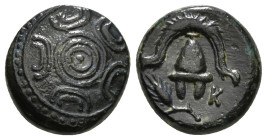 KINGS OF MACEDON. Alexander III 'the Great' (336-323 BC). Ae Half Unit. Uncertain mint in Asia.
Obv: Macedonian shield with pellet on boss.
Rev: Maced...