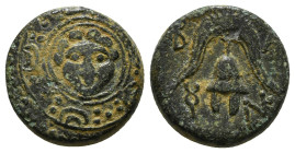 KINGS OF MACEDON. Philip III Arrhidaios (323-317 BC). Ae 1/2 Unit. Salamis.
Obv: Macedonian shield, with facing gorgoneion on boss.
Rev: B - A.
Helmet...