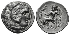 KINGS OF MACEDON. Alexander III 'the Great' (336-323 BC).Drachm.
Obv: Head of Herakles right, wearing lion skin.
Rev: AΛΕΞΑΝΔΡΟY.
Zeus seated left on ...