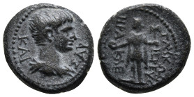 CARIA. Heraclea Salbace. Nero (54-68). Ae. Glykon, priest.
Obv: KAIΣΑΡ.
Bareheaded and draped bust right.
Rev: ΓΛVKΩN IEPEVΣ / HPAKΛEΩTΩN.
Goddess sta...