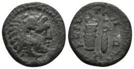 PHRYGIA. Ceretapa. Pseudo-autonomous. Time of the Antonines (138-192). Ae.
Obv: Head of Herakles right, wearing lion skin.
Rev: ΚЄΡЄΤΑΠЄΩΝ.
Bow-in-bow...