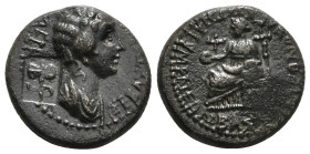 PHRYGIA. Eumeneia. Agrippina II (Augusta, 50-59). Ae. Bassa Cleonus, archierea .
Obv: AΓΡΙΠΕΙΝΑ ΣΕΒΑΣΤΗ.
Draped bust right; c/m's: bipennis.
Rev: ΒΑΣΣ...