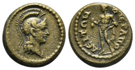 Phrygia. Hierapolis. Pseudo-autonomous issue AD 100-150. Æ
Helmeted head of Athena right / IЄPAΠΟΛЄITΩN, Hermes standing left, holding purse and caduc...