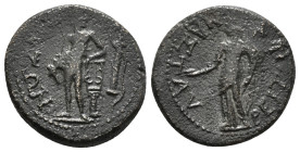 LYDIA. Mastaura. Ae (Circa 1st century).
Obv: ΣΩZΩN.
Apollo standing left, head right, holding plectrum and leaning upon lyre set upon column to right...