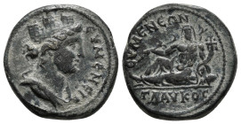 PHRYGIA. Eumenea. Pseudo-autonomous (2nd century). Ae.
Obv: ЄVMЄNЄIA.
Turreted and draped bust of Tyche right.
Rev: ЄVMЄNЄΩN / ΓΛAVKOC.
River god Glau...
