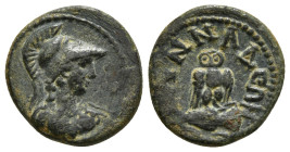PHRYGIA. Synnada. Pseudo-autonomous. Time of the Antonines (138-192). Ae.
Obv: Helmeted bust of Athena right, wearing aegis.
Rev: CVNNAΔЄΩN.
Owl, with...