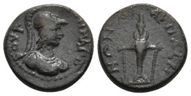 CARIA. Harpasa. Pseudo-autonomous. Time of Trajan to Antoninus Pius (98-161). Ae.
Obv: [...]ЄΩ AΘHNAI[...].
Helmeted and draped bust of Athena right.
...