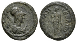 PHRYGIA. Hierapolis. Pseudo-autonomous (Circa 2nd century AD).
Obv: Draped bust of Athena left, wearing crested Corinthian helmet and aegis.
Rev: IЄPA...