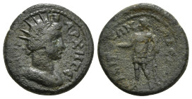PHRYGIA. Hierapolis. Pseudo-autonomous. Uncertain.
AE Bronze Obv: ΑΡΧΗΓΕΤΗϹ. Radiate and draped bust of Apollo Archegetes, right
Rev: ΙΕΡΑΠΟΛΕΙΤΩΝ. Ap...