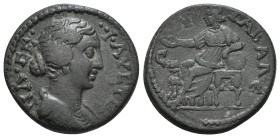 LYDIA. Tabala. Faustina II (Augusta, 147-176). Ae.
Obv: ΦAYΣTEINA ΣE.
Draped bust right.
Rev: TABAΛΕΩΝ.
Cybele seated left, holding patera and resting...