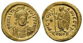 ANASTASIUS I (491-518). GOLD Solidus. Constantinople.
Obv: D N ANASTASIVS P P AVG.
Helmeted and cuirassed bust facing slightly right, holding spear ...