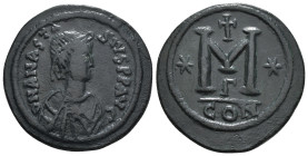 ANASTASIUS I (491-518). Follis. Constantinople.
Obv: D N ANASTASIVS P P AVG.
Diademed, draped and cuirassed bust right.
Rev: Large M; star to left and...