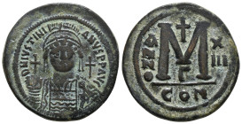 JUSTINIAN I (527-565). Follis. Constantinople. Dated RY 13 (539/40).
Obv: D N IVSTINIANVS P P AVG.
Helmeted and cuirassed bust facing, holding globus ...