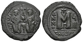 JUSTIN II (565-578). Follis. Antioch. Dated RY 7 (571/72).
Obv: D N IVSTINOS T N u.
Justin and Sophia seated facing on double throne, holding globus c...