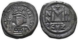 HERACLIUS (610-641). Follis. Kyzikos. Dated RY 4 (613/4).
Obv: D N ҺRACLI PЄRP AVG.
Helmeted and cuirassed bust facing, holding globus cruciger and sh...