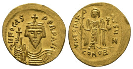 PHOCAS (602-610). GOLD Solidus. Constantinople.
Obv: δ N FOCAS PЄRP AVG.
Crowned and cuirassed facing bust, holding globus cruciger.
Rev: VICTORIA AVG...