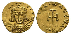 TIBERIUS III APSIMAR (698-705). GOLD Tremissis. Constantinople.
Obv: D TIbЄRIЧS PЄ AV .
Crowned and cuirassed facing bust, holding spear and shield wi...