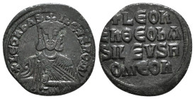 LEO VI the WISE (886-912). Follis. Constantinople.
Obv: + LEON bASILEVS ROM.
Crowned facing bust, holding akakia.
Rev: + LEOn/En ΘΕΟ bA/SILEVS R/OMEOn...