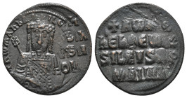 CONSTANTINE VII PORPHYROGENITUS(913-959) and ROMANUS I LECAPENUS (920-944). Follis. Constantinople.
Obv: + ROmAn' bASILEVS RWm'.
Crowned and bearded b...