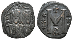 LEO III THE "ISAURIAN", with CONSTANTINE V (717-741). Follis. Constantinople.
Obv: LEOn S COnST.
The busts of Leo, with short beard, and Constantine f...