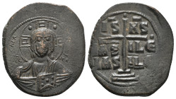 ANONYMOUS FOLLES. Class B. Attributed to Romanus III (1028-1034).
Obv: + EMMA NOVHΛ / IC - XC.
Bust of Christ facing, holding book of Gospels and wear...