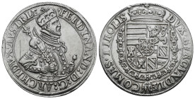 HOLY ROMAN EMPIRE. Ferdinand (Archduke, 1564-1595). Taler. Hall.
Obv: FERDINAND D ARCHI D AVSTRI.
Crowned and armored half-length bust right, holdin...