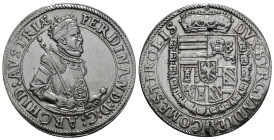 HOLY ROMAN EMPIRE. Ferdinand (Archduke, 1564-1595). Taler. Hall.
Obv: FERDINAND D ARCHI D AVSTRI.
Crowned and armored half-length bust right, holdin...