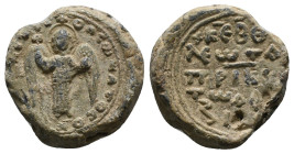 Byzantine Seal
Leontas, patrikios, ca. IX/X cent.
Archangel standing facing,
+KERΘ/Λεω(Ν)ΤΑ[C]/ΠΡΙΚ/ΤωΔ(?)/ΞI
10,61 g - 21,01 mm