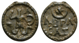 Byzantine Seal
*Basilides of Alexandria and the Figure of Abrasax*
EGYPT. Uncertain. Gnostic Tessera, ca.2nd-4th century AD.
IA, Abrasax depicted f...