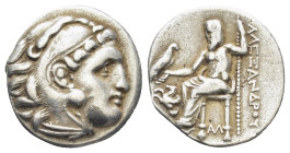 Kingdom of Macedon, Antigonos I Monophthalmos AR Drachm. (17mm, 4.11 g) In the name and types of Alexander III. Kolophon, circa 310-301 BC. Head of He...