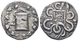 Lydia, Tralleis. AR Cistophoric Tetradrachm, (24mm, 12,2 g). Circa 166-67 BC. Obv: Cista Mystica from which snake coils, around, ivy wreath with fruit...