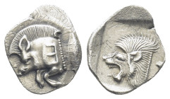 Mysia. Kyzikos 480-450 BC. Obol AR (10mm, 0.91 g) . Forepart of boar left, E (retrograde) on shoulder, tunny upward behind / Head of lion left within ...