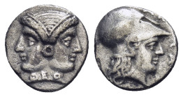 MYSIA, Lampsakos. 4th century BC. AR Diobol (10mm, 1.08 g) Janiform female heads / Helmeted head of Athena right.