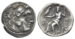 Kingdom of Macedon. Alexander III AR Drachm. (16mm, 3.97 g) Lampsakos c. 310-301. Head of Herakles r., wearing lion skin / Zeus Aëtophoros seated l.; ...
